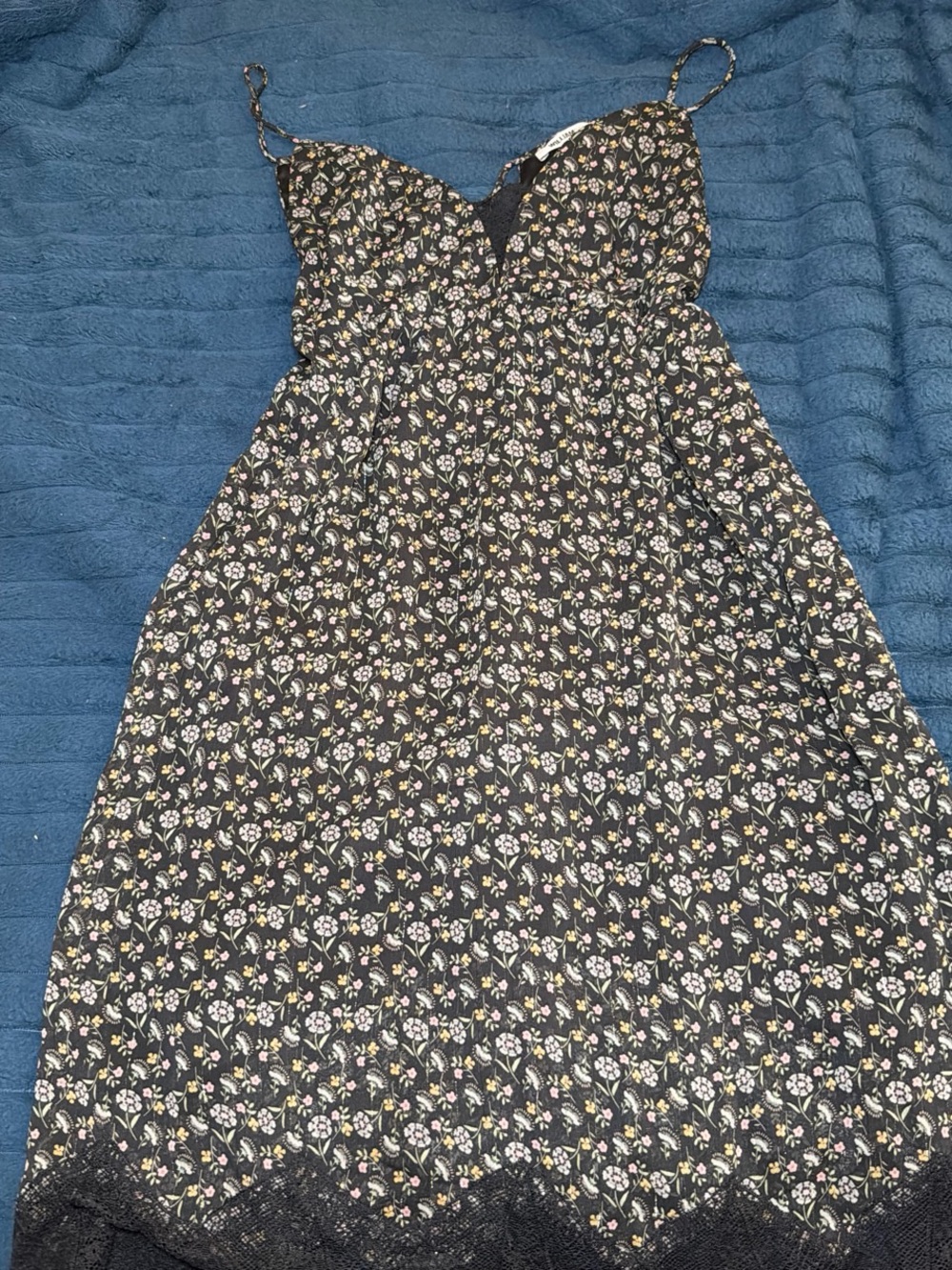 William Rast Black Floral Midi Dress with Lace Trim